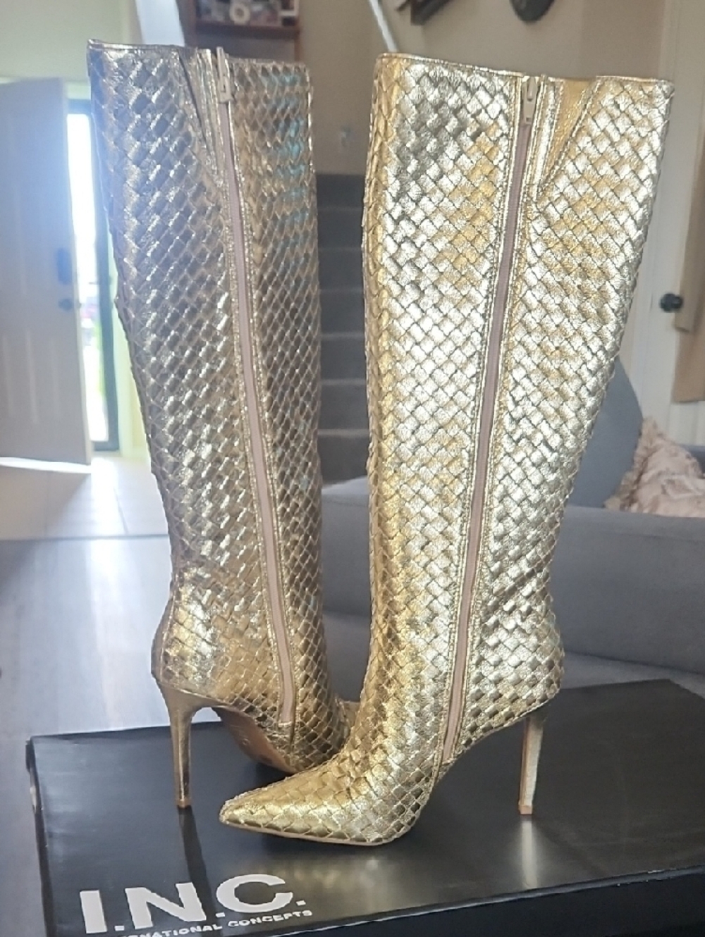 INC International Concepts Gold Knee-High Woven Pointed-Toe Boots Office,Evening - Picture 7 of 8
